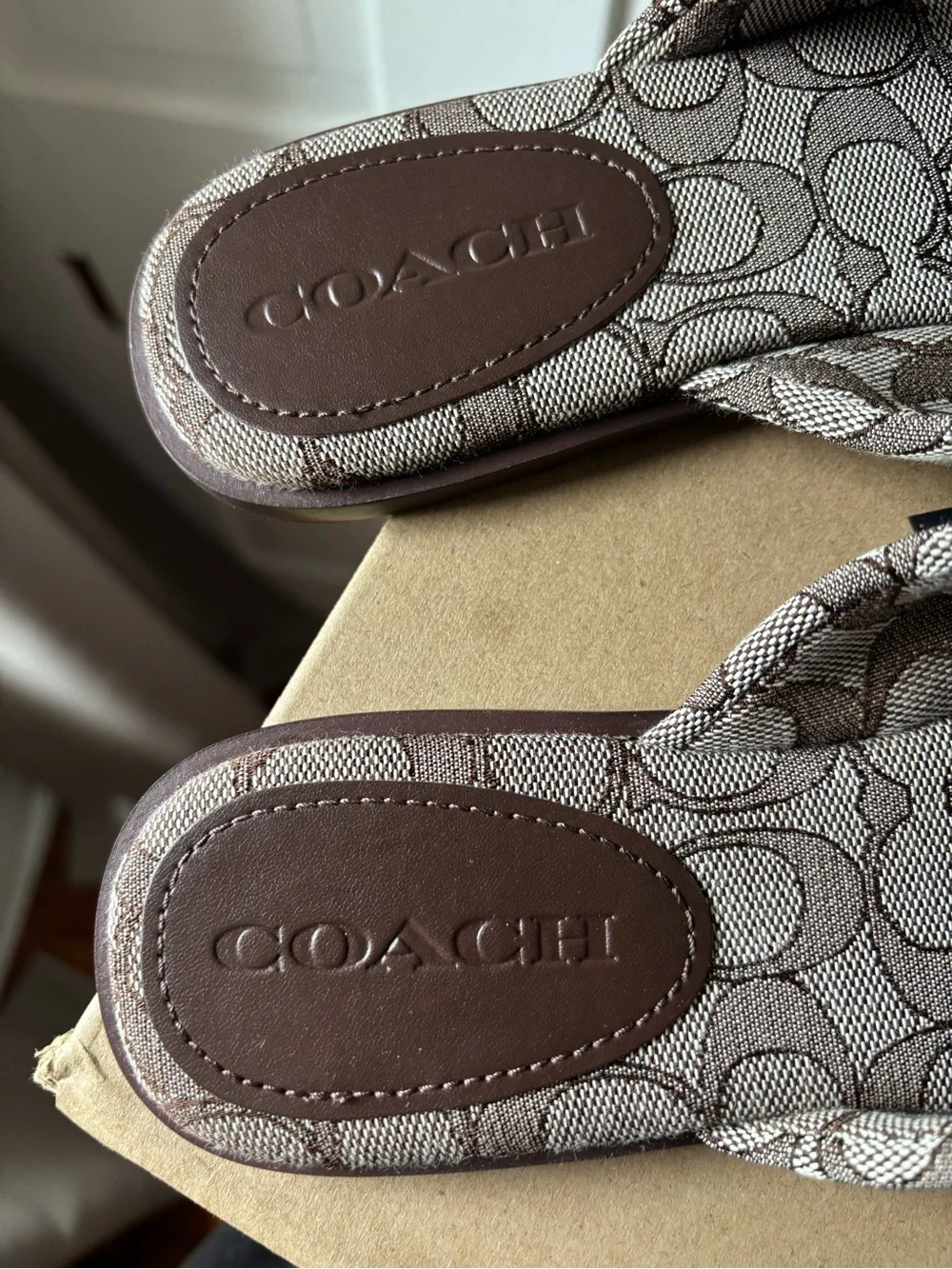 Coach Link Criss Cross slide sandals in Signature Brown Jacquard